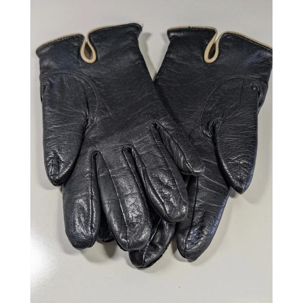 Womens Black Vintage Leather Gloves Tan Trim Acrylic Lined Size M WPL 9745‎